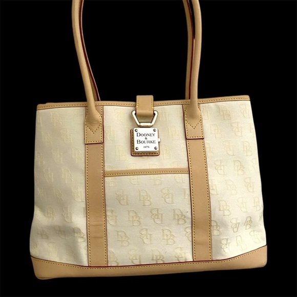 Dooney and Bourke Cream Fabric Logo Large Tote Satchel - Picture 1 of 11